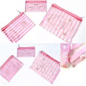 VICTORIA'S SECRET 3 Piece Pink, Gold and Clear Cosmetic Bag Set